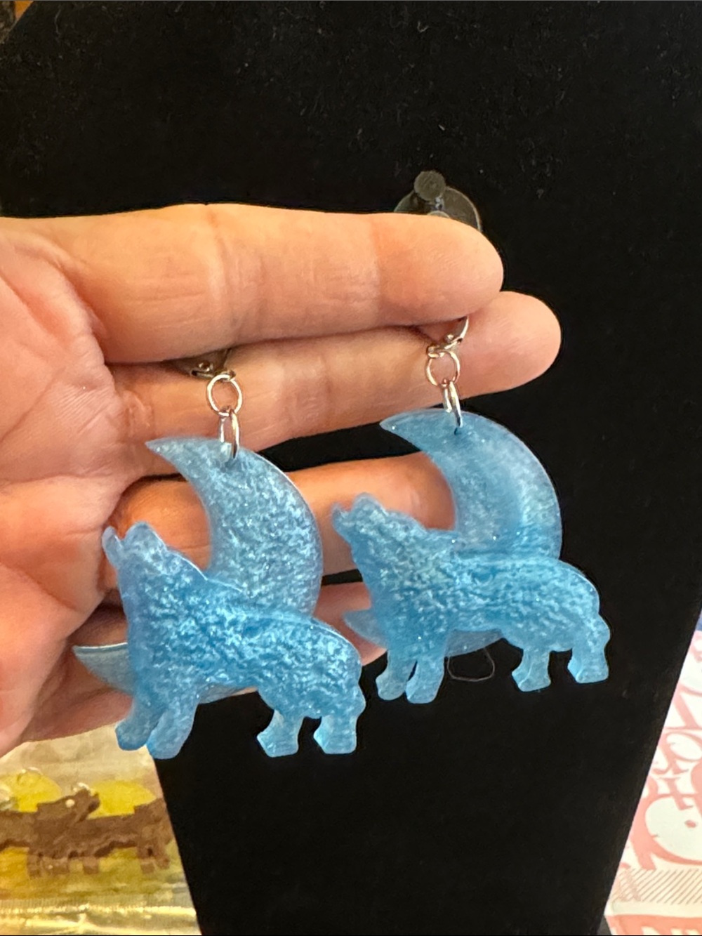 Blue Wolf Howling /cresent Moon Dangle Earrings